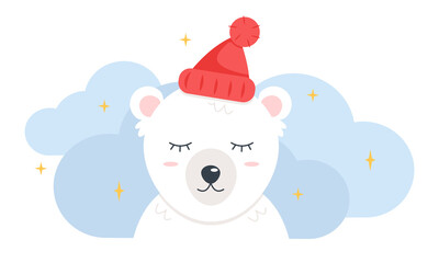 Cute polar bear in a red hat with clouds and stars on the background. Funny animals. Vector illustration in flat style