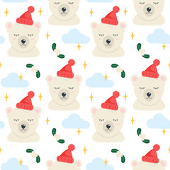 Cute polar bear with clouds and stars. Seamless patterns. Can be used for wallpaper, fill web page background, surface textures