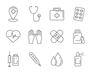 Simple set of medical linear icons. Contains icons such as pills, first aid kit, syringe, antiseptic, etc. Vector