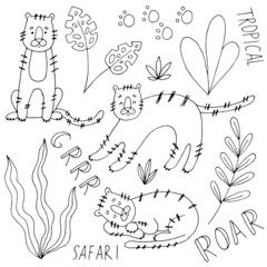Tropical set. Tigers and exotic plants. Animal footprints. Jungle. Vector hand-drawn illustration. Doodle. Sketch. Silhouette. Black and white. Contour. Coloring.