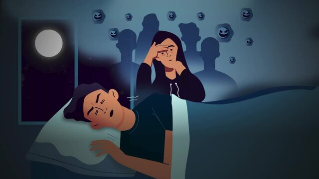 Computer animation of the unhappy male as he sees nightmare. Graphics of the young man as he sees girl in his nightmare.