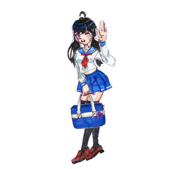 A girl in fashionable clothes with a raised hand and holding a duffel bag in her hand.