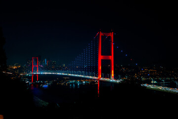Bosphorus Bridge. 15th july martyrs' bridge at night in Istanbul.