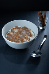 Traditional Finnish foods: A bowl of semolina porridge with cinnamon and sugar topping.