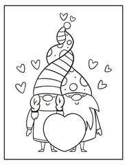 Valentines day coloring page. Gnomes black and white illustration.