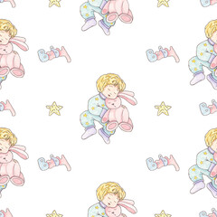 Illustration of a little boy sleeping on a white background