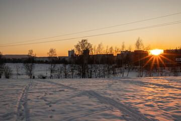 winter sunset over the city