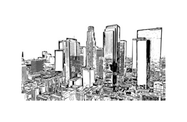 Building view with landmark of Los Angeles is the 
city in California. Hand drawn sketch illustration in vector.