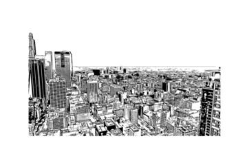 Building view with landmark of Los Angeles is the 
city in California. Hand drawn sketch illustration in vector.