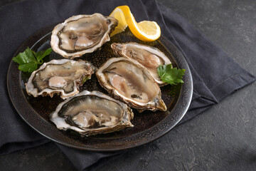 Raw oysters on a dark plate with lemon slice and parsley garnish, napkin and gray slate background, copy space, selected focus