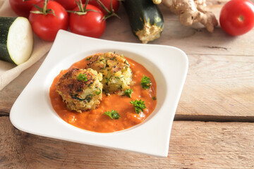 Vegan and vegetarian vegetable balls from zucchini and potato in tomato sauce with parsley garnish in a white plate, ingredients on a rustic table, copy space, selected focus