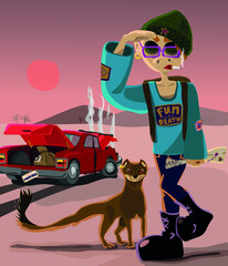 Cartoon vector poster with stranger dressed in punk style, damaged red
car and mongoose as a home pet can be used as poster, background, etc.