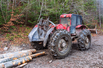 The red skidder in the forest. The timber skidding machine. Large rubber wheels with chains facilitate movement in difficult terrain