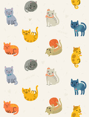 Seamless pattern with cute and funny cats