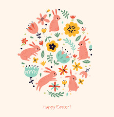 Easter card with bunny and flowers 