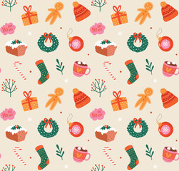 Christmas seamless pattern with holiday elements.