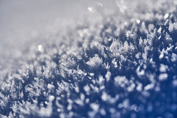 macro of hoarfrost crystals after cold, frosty  winter night 
