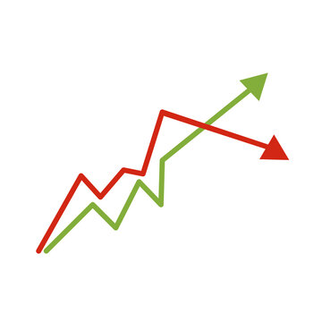 Red and green arrows, graph of growth. Isolated vector illustration on white background.