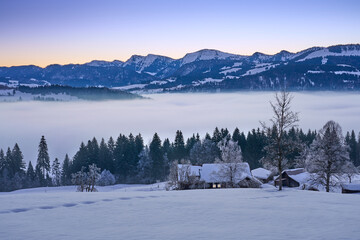 panoramic view to the Nagelfluh Mountain chain in the Allgaeu Alps short befor Sunrise, landscape,...