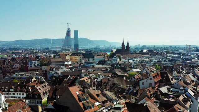 Basel with the Basler Muenster in the background - Moving right - Aerial 4k
