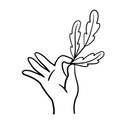 Hand with branch with leaves. Fresh Plant in palm. Concept of freshness and naturalness. Doodle sketch illustration