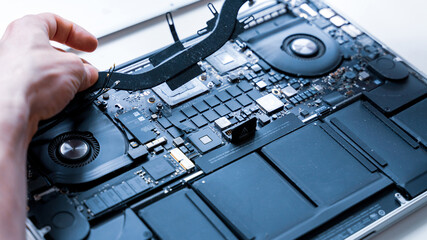 Maintenance pc. Maintenance repair engineer support. Computer technician service with laptop on hardware background. Electronic technology development concept.