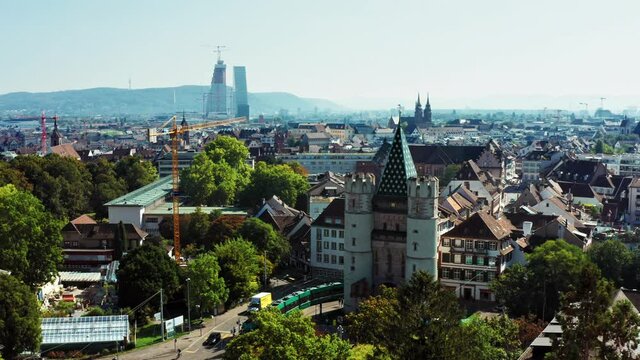 Spalentor in Basel at summer - Dolly forward - Aerial 4k