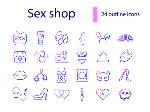 Sex shop products outline icons set. Adult toys. Sexual accessory. Isolated vector stock illustration