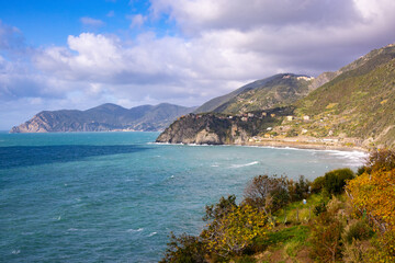 Beautiful coast of Cinque Terre in Italy on a sunny day - travel photography