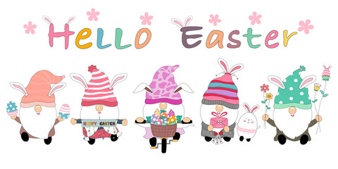 Hello  Easter set with cute gnomes This Easter theme designed with doodle style is perfect for decorations, backgrounds, cards, fabric patterns, pillows, mugs, kids artwork, stickers and more.