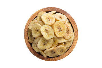 dried fruit, banana chips in wooden bowl isolated on white background. Vegan food, top view.