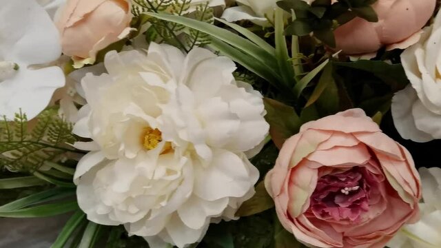 Fake boho flower bouquet. Interior beige wedding plants. Brown artificial material. Vintage decor. Bridal modern gift. Beautiful event concept