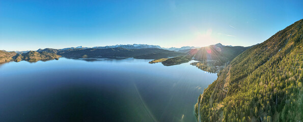 Panorama view to Lake Walchensee in Bavaria with mountain background