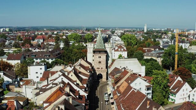 Spalentor in Basel at summer - Wide shot Dolly forward - Aerial 4k