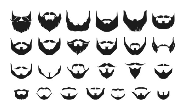 Beard silhouette. Different types of black mens face hair with or without moustache and whisker. Portrait facial elements graphic for haircut and barbershop. Vector isolated hairstyles set