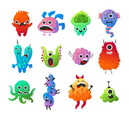 Cute alien character. Cartoon scary creatures with funny faces. Colorful monster mascots. Pathogen bacteria cells. Isolated angry beasts. Mutants and parasites. Vector comic animals set