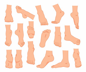 Cartoon feet. Men and women barefoot ankles and fingers. Legs positions. Caucasian person limbs. Bare toes with nails and heels. Slender sole. Vector human body anatomy elements set