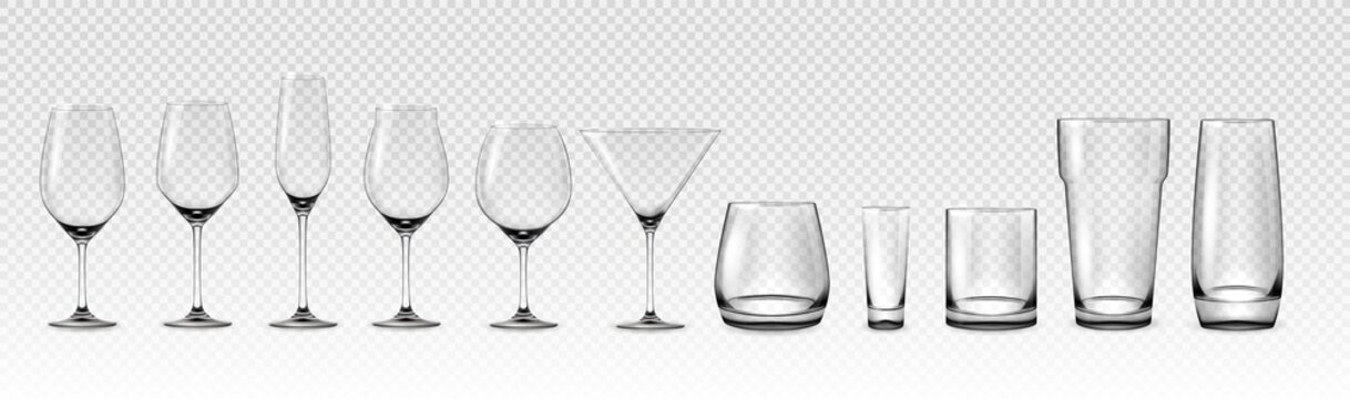 Realistic empty glasses. Glass cup and cocktail stemware mockup. Transparent glassware for wine and alcohol drinks. 3D crystal utensil for beverage serving. Vector bar drinkware set