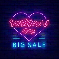 Valentines Day Big Sale neon sign. Light advertising and heart shape frame. Vector stock illustration