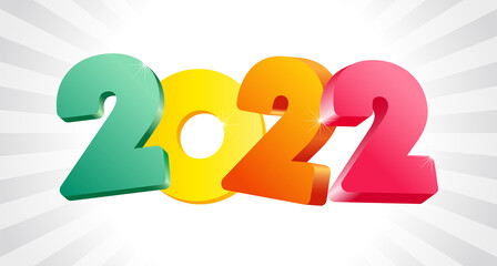 A Happy New Year 2022 colorful icon. Creative 3 D style decoration. Horizontal logotype concept. Web banner idea. White backdrop. Abstract isolated graphic design template. Decorative coloured digits 