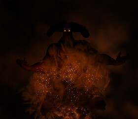 Illustration of a Demon Djinn entity with burning  eyes rising out of fire and smoke - obrazy, fototapety, plakaty