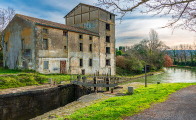 The Écluse du Moulin de Trèbes, on the Canal du Midi, in the town of Trèbes in the South of France