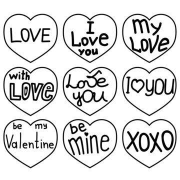 Fototapeta Set of cards in the shape of a heart with various inscriptions for Valentine's Day