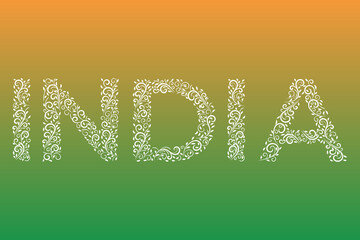 White word India ornamented in oriental style on a green and orange background. Lettering with incredible Indian ethnic ornament