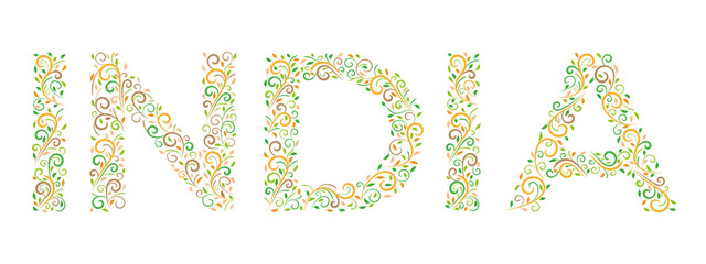 Word India ornamented in oriental style on a white background. Lettering with incredible Indian ethnic ornament