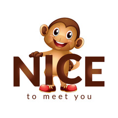 nice to meet you slogan with monkey doll vector