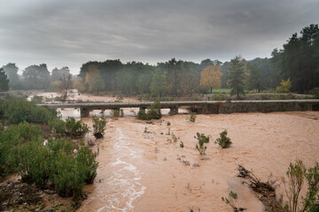 Abnormal rainy weather, storm is post- flood, overflowing stream after heavy rain. Flood area and Climate change. 4K video, 01.January.2022 Antalya - TURKEY