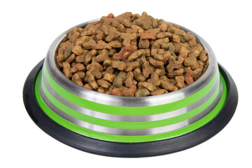 dry cat food in plate isolated on a white background