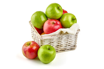 Fresh apples in basket, isolated on white background.