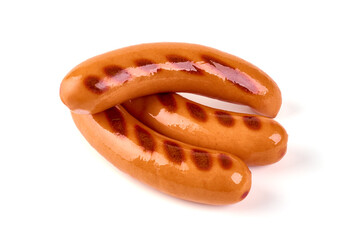 Roasted sausages, isolated on white background.